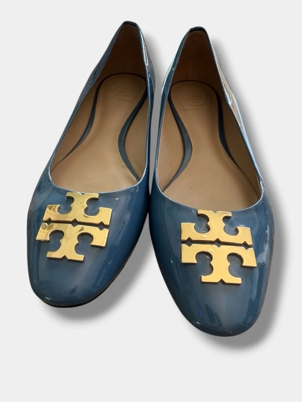 Tory Burch Reva Flats Blue Patent Leather Gold Logo Ballet Shoes Women’s 7M